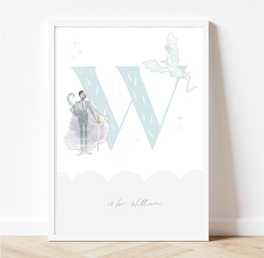 Dreamy chivalric Initial personalised knight and Dragon Myth & legend print