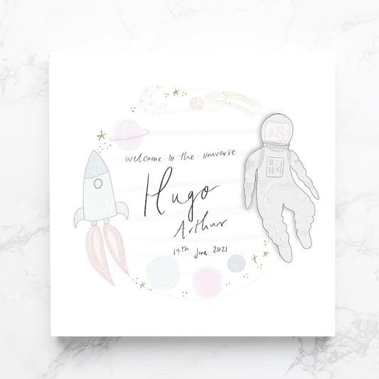 Astronaut out of this world new baby card celestial gold foil