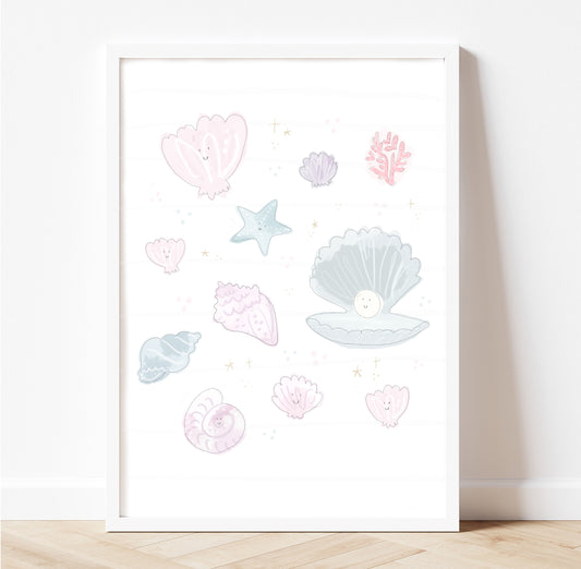 Dreamy happy shell under the sea pastel gold foil print