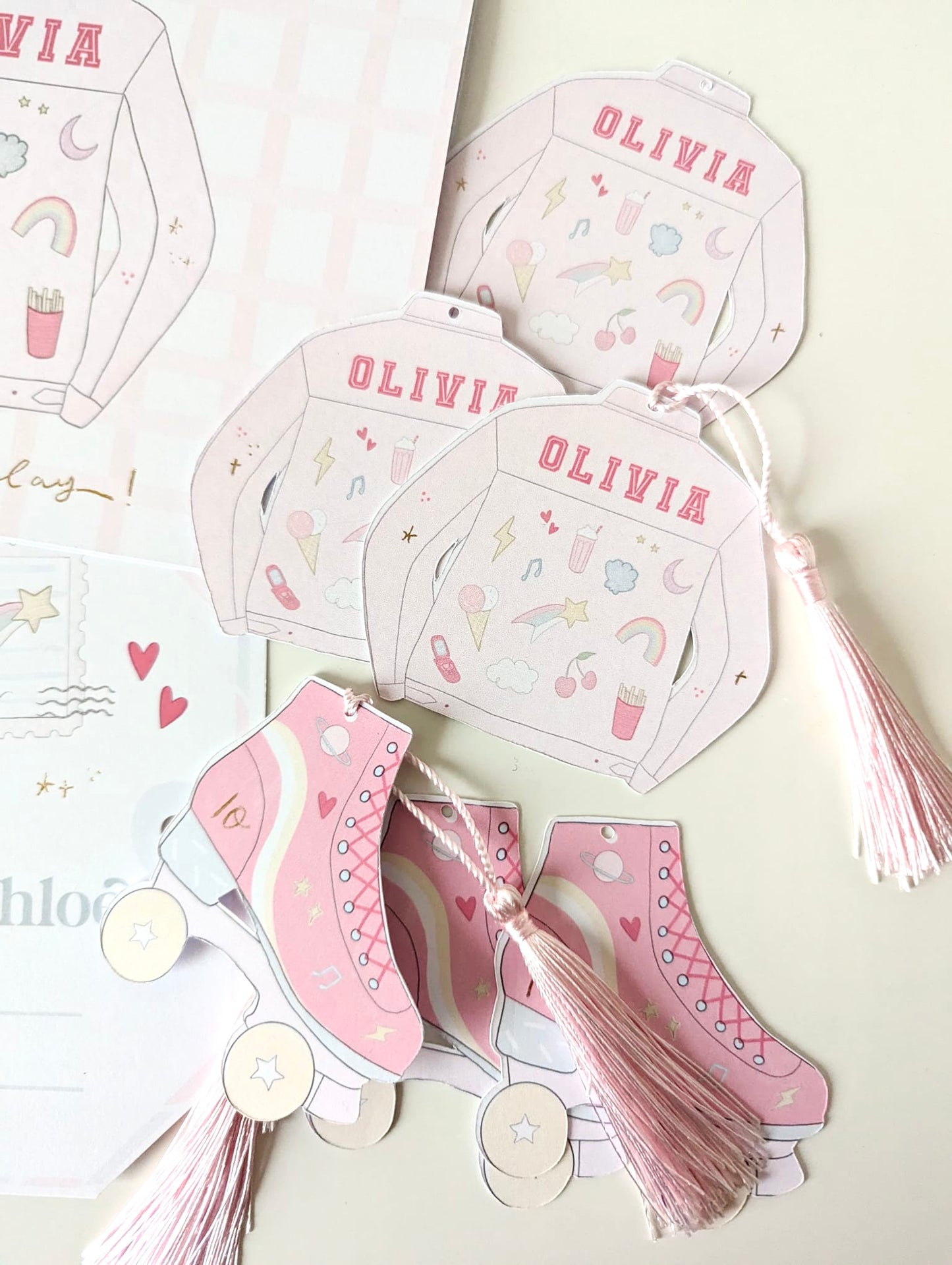 Set of 6 girly pink birthday gift tags - denim jacket & roller blade gold foil with silk navy tassel