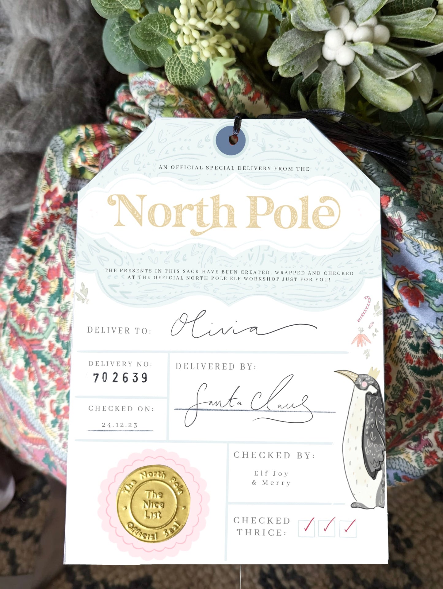 Giant Stocking tag - North Pole dispatch tag gold foil nice list
