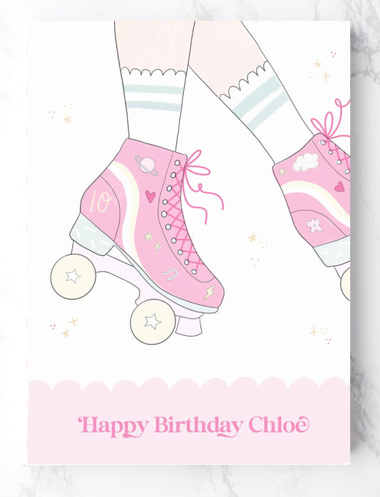 Gold foil cute personalised girly rollerblade birthday card
