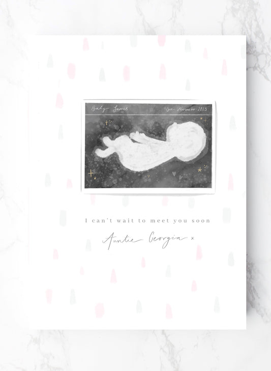 Gold foil personalised sonogram baby pregnancy announcement card with wax seal