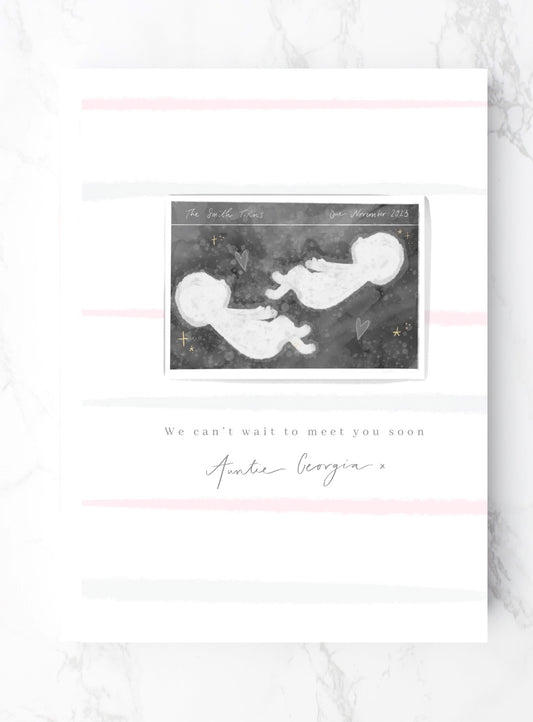 Gold foil personalised sonogram twin pregnancy announcement card with wax seal