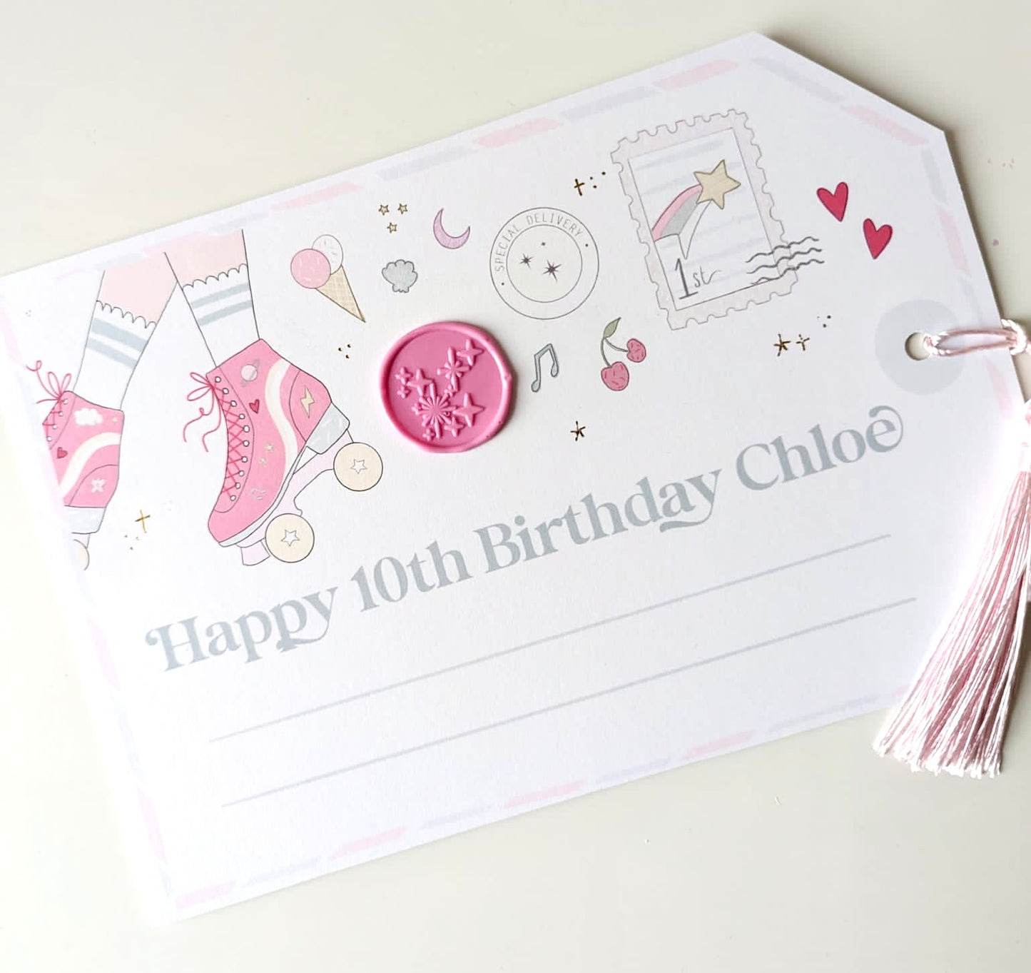 Giant Pink Roller skates personalised birthday gift tag gold foil with silk navy tassel