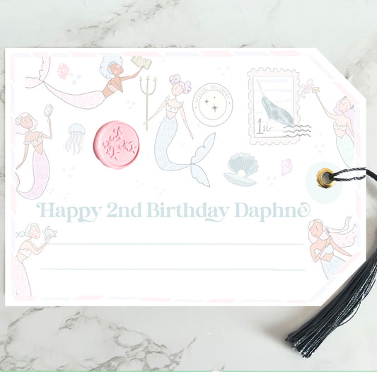 Giant Mermaid personalised magical birthday gift tag gold foil with silk navy tassel