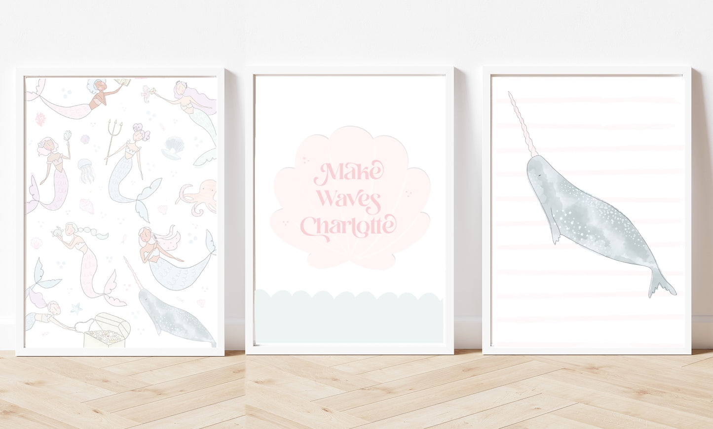 Set of 3 magical pastel mermaid print  - 3D mounted shell - gold foil under the sea fairytale print
