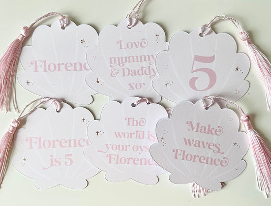 Set of 6 pastel shell birthday gift tags - mermaid  gold foil with silk navy tassel