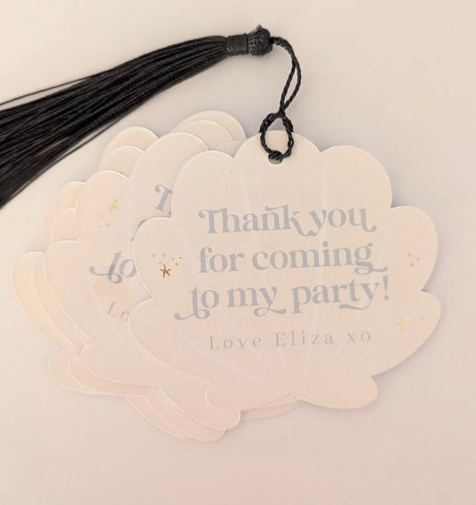 Set of 6 pastel shell party bag gift tags - mermaid  gold foil with silk navy tassel