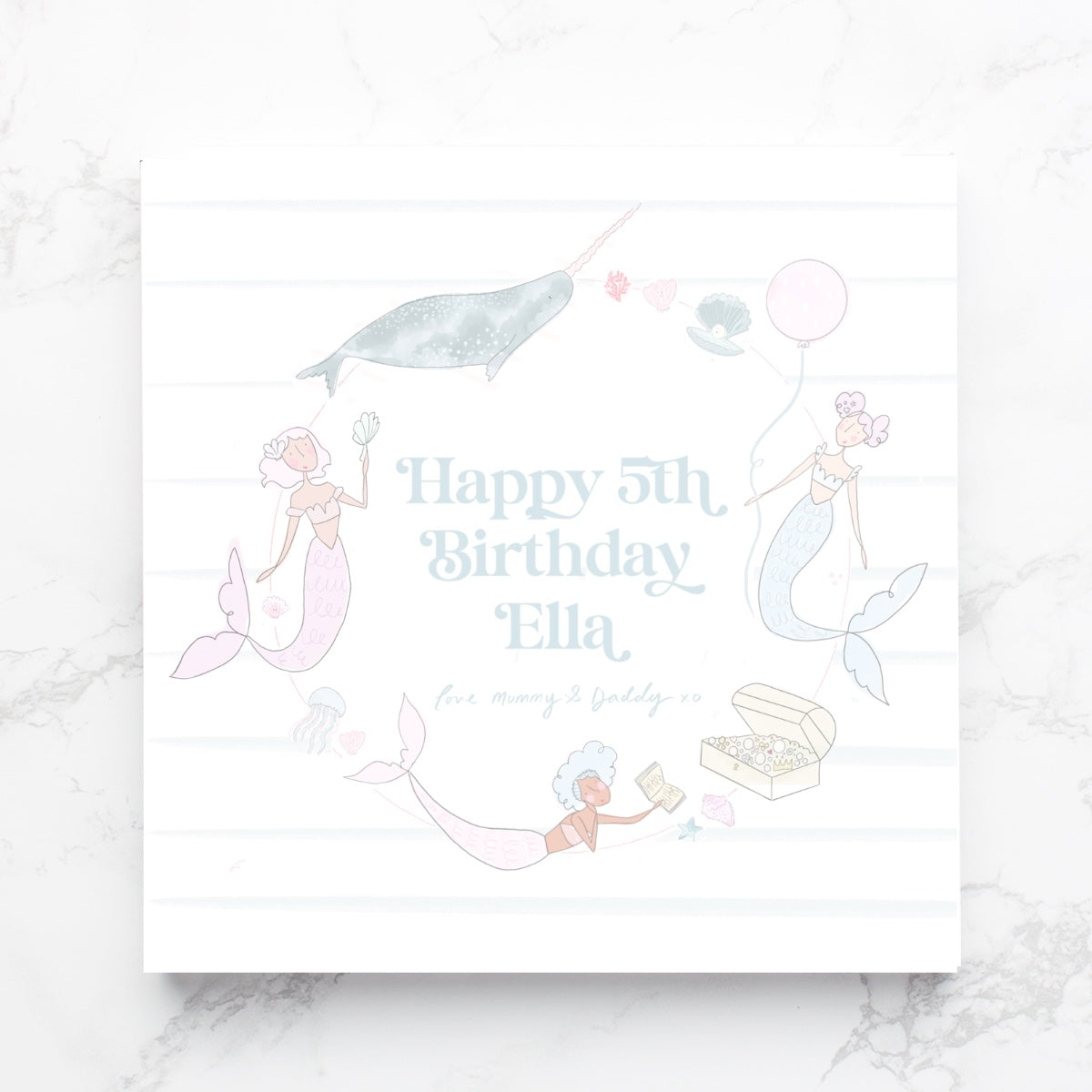 Gold foil personalised mermaid birthday card with matching shell envelope