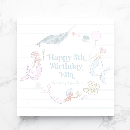Gold foil personalised mermaid birthday card with matching shell envelope
