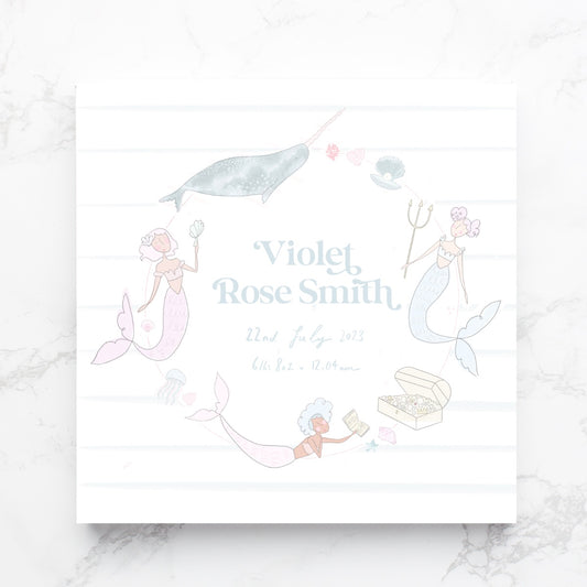 Gold foil personalised mermaid new baby card with matching shell envelope