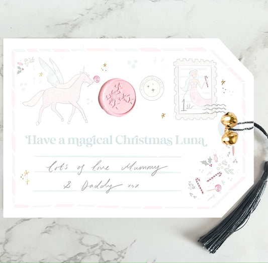 Giant special magical fairytale Christmas gift tag gold foil with gold bells & silk tassel