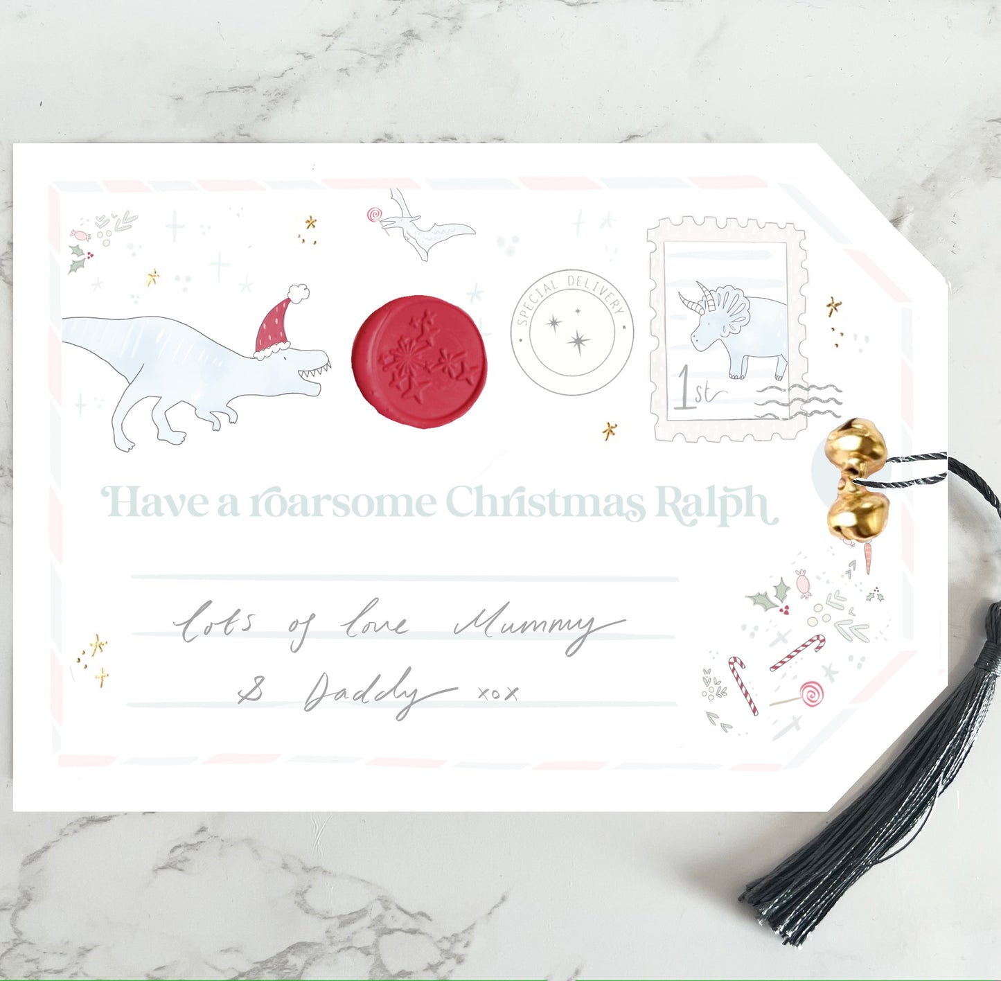 Giant special magical Dinosaur Christmas gift tag gold foil with gold bells & silk tassel