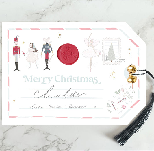 Giant special Nutcracker Christmas gift tag gold foil with gold bells & silk tassel