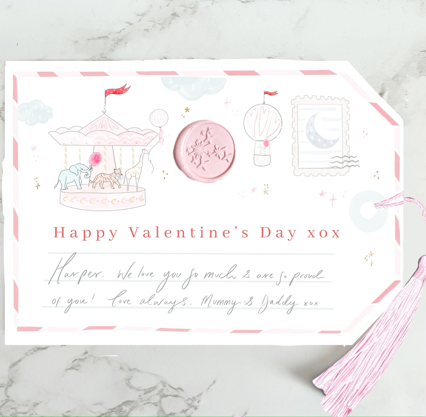 Giant special Love is in the air valentines gift tag - gold foil with silk blush tassel & wax seal