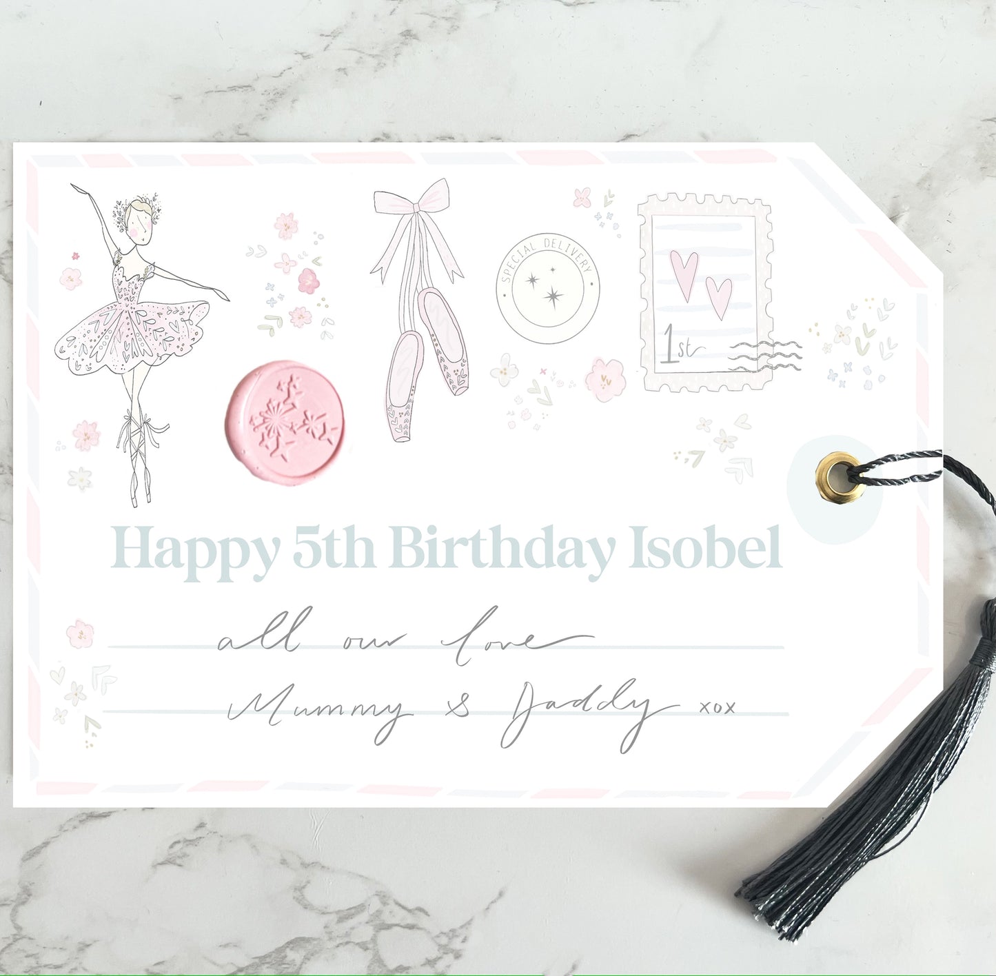 Giant special  Ballerina personalised birthday gift tag gold foil with silk navy tassel