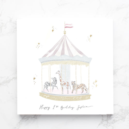 Dreamy personalised safari carrousel birthday card