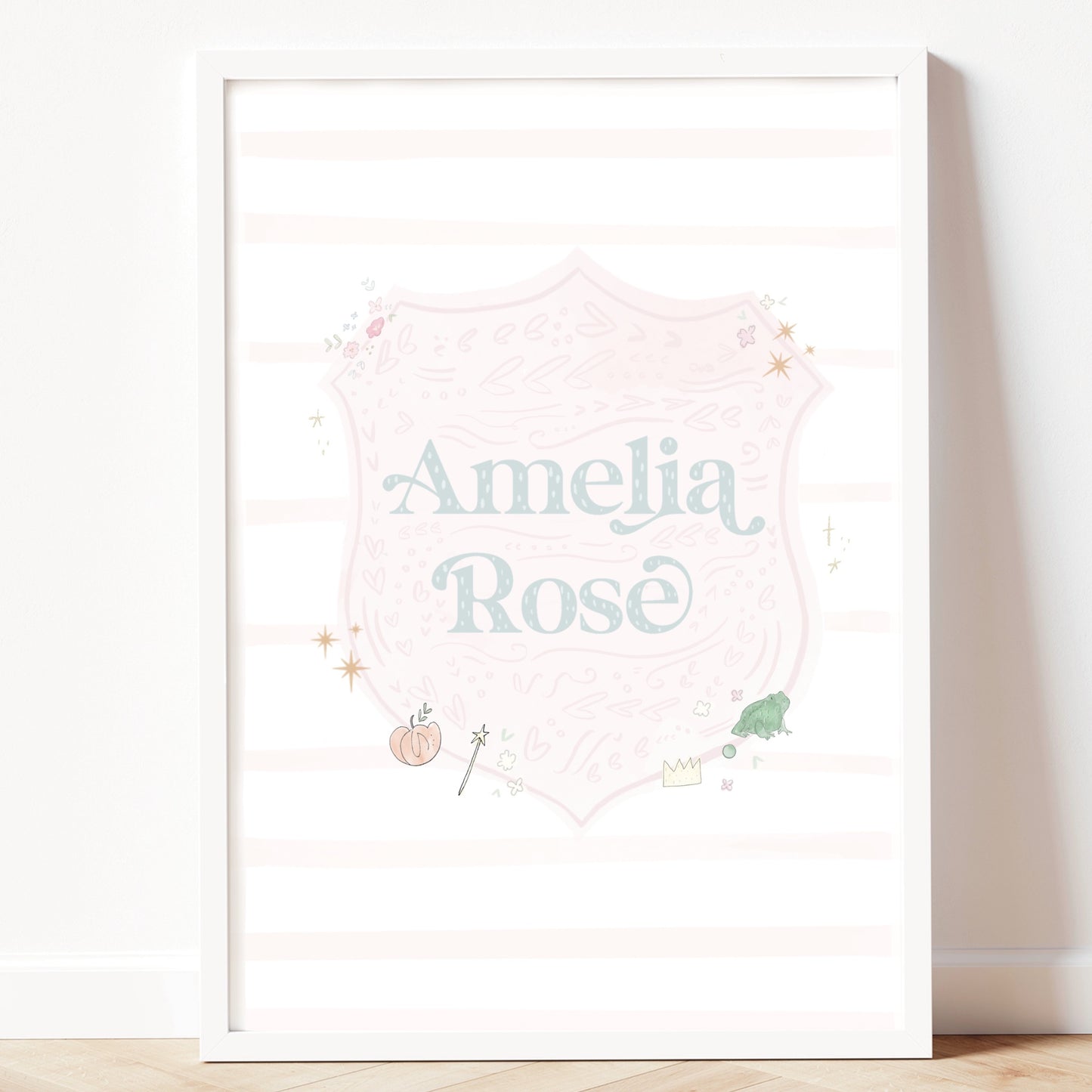 Enchanted personalised fairytale crest pastel gold foil print