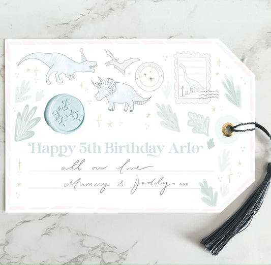 Giant special Dinosaurs personalised birthday gift tag gold foil with silk navy tassel