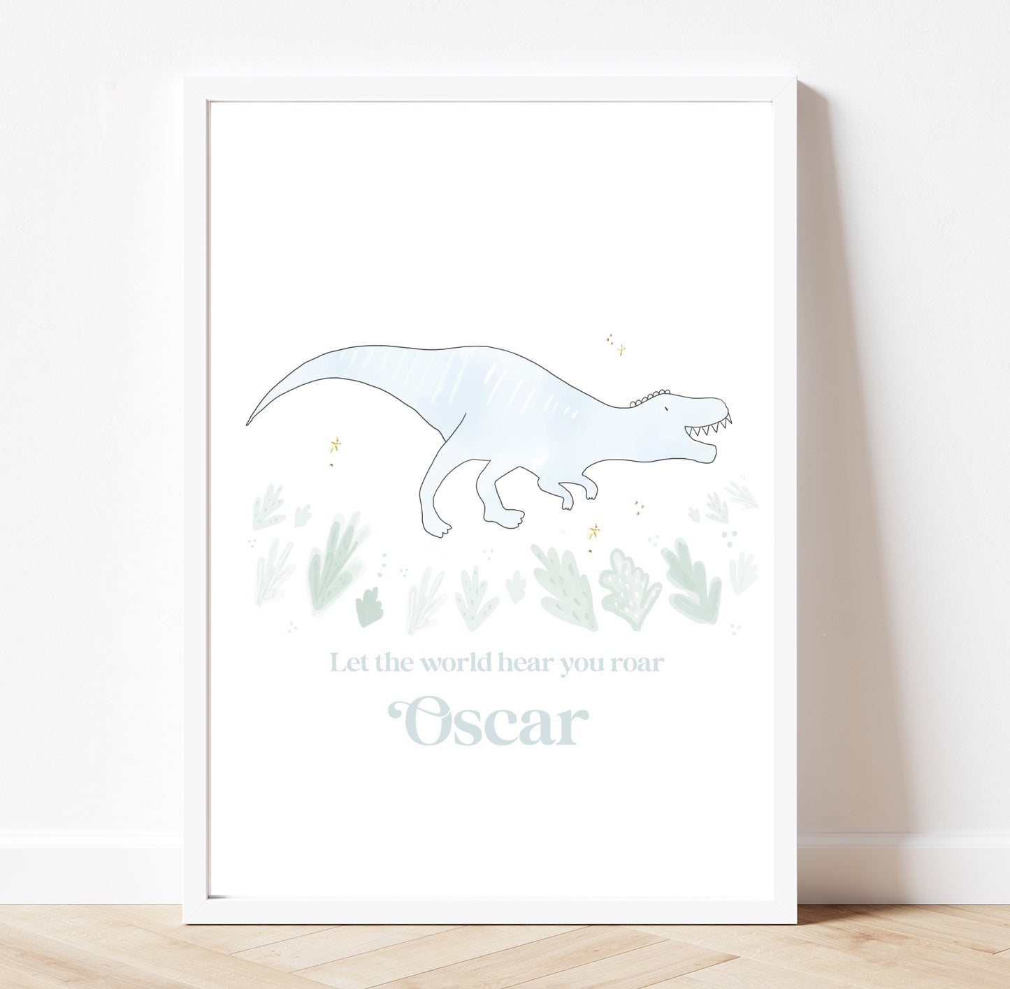 Personalised dreamy Blue Roar dinosaur playroom pastel gold foil print