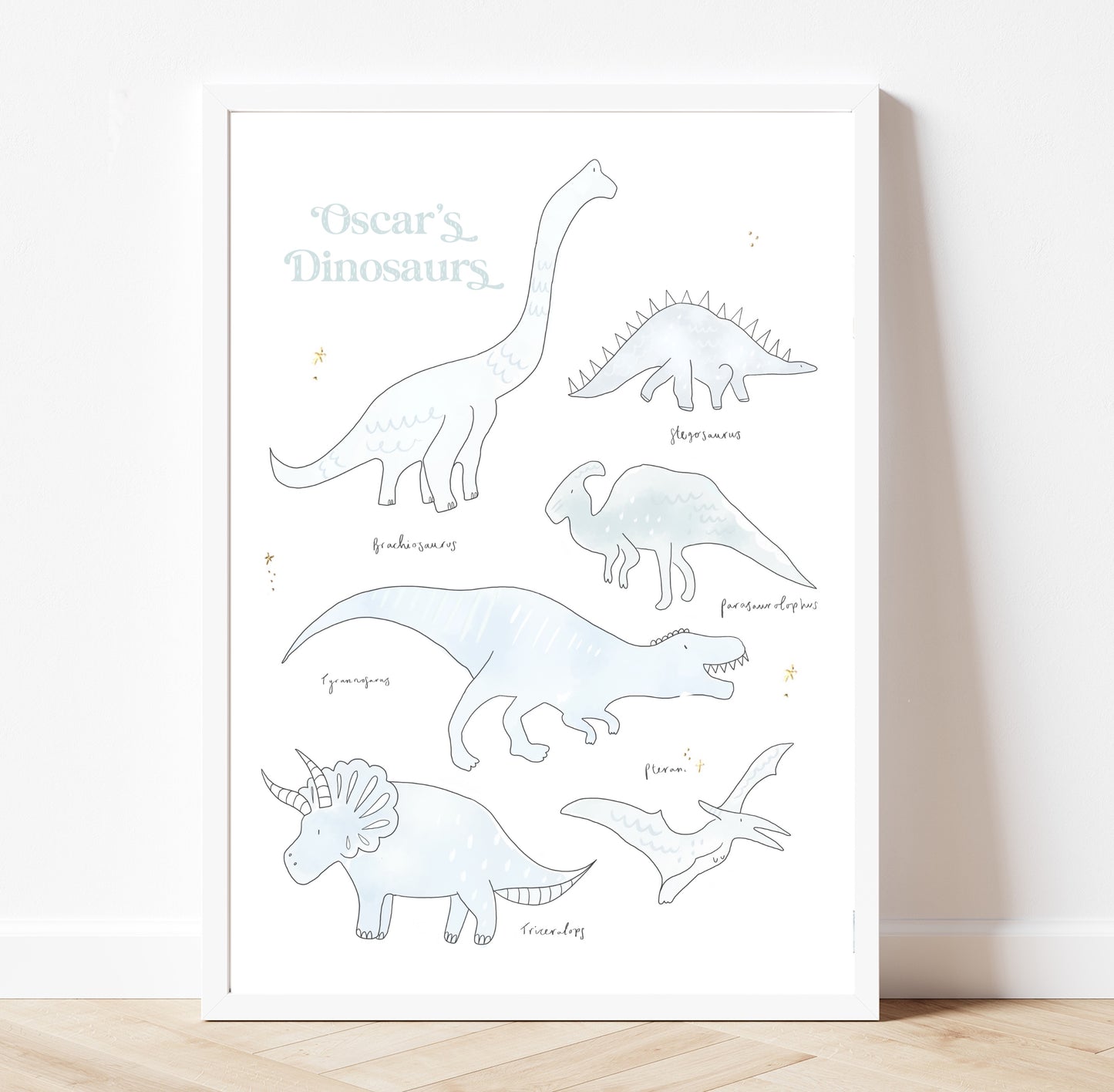 Personalised dreamy Blue dinosaurs playroom pastel gold foil print