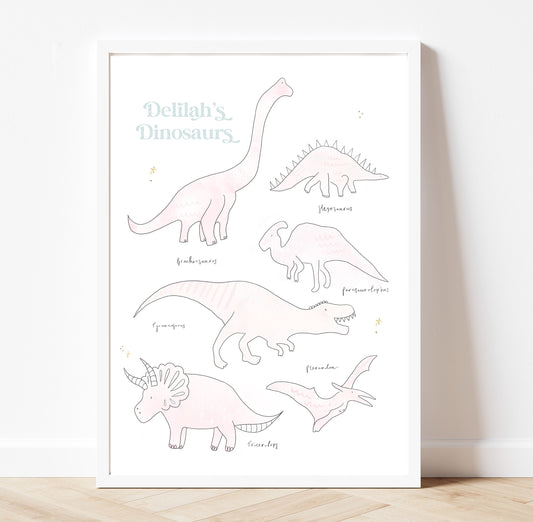 Personalised dreamy pink dinosaurs playroom pastel gold foil print