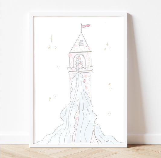 Dreamy Princess in the tower pastel gold foil fairytale print