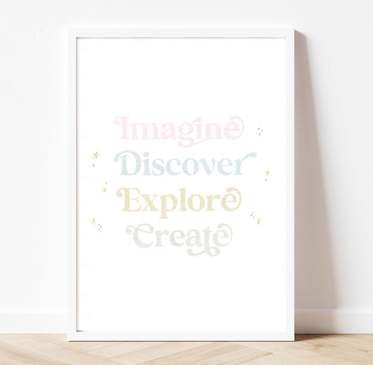 imagine, discover, explore, create  playroom pastel quote gold foil print