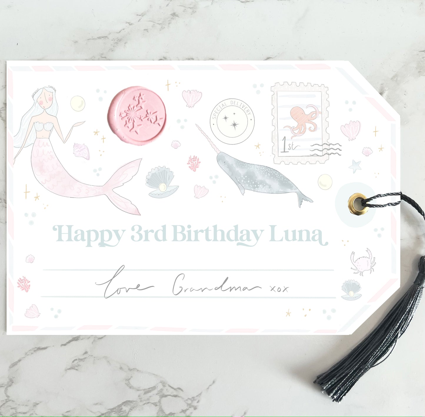 Giant Mermaid personalised birthday gift tag gold foil with silk navy tassel