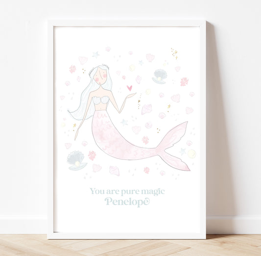 Magical personalised mermaid under the sea fairytale pastel gold foil print