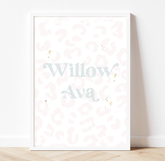 Personalised whimsical leopard name playroom pastel gold foil print
