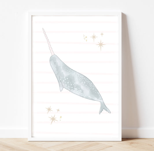 Magical narwal under the sea fairytale pastel gold foil print
