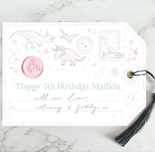 Giant special pink Dinosaurs personalised birthday gift tag gold foil with silk navy tassel