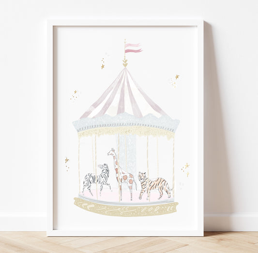 Dreamy carousel safari illustrated gold foil print