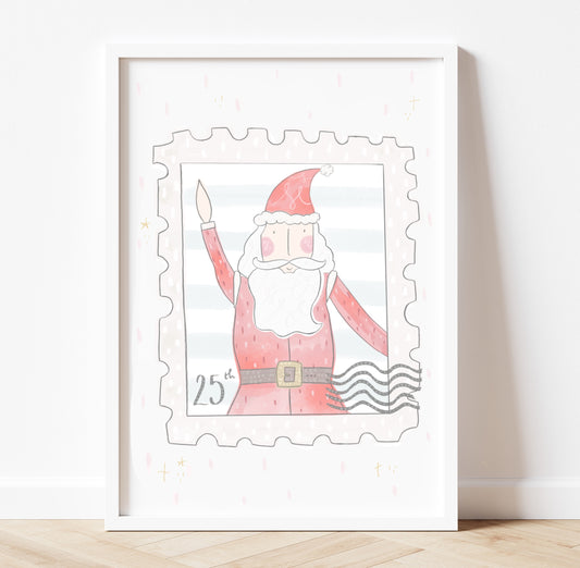 Festive whimsical Santa stamp pastel gold foil print