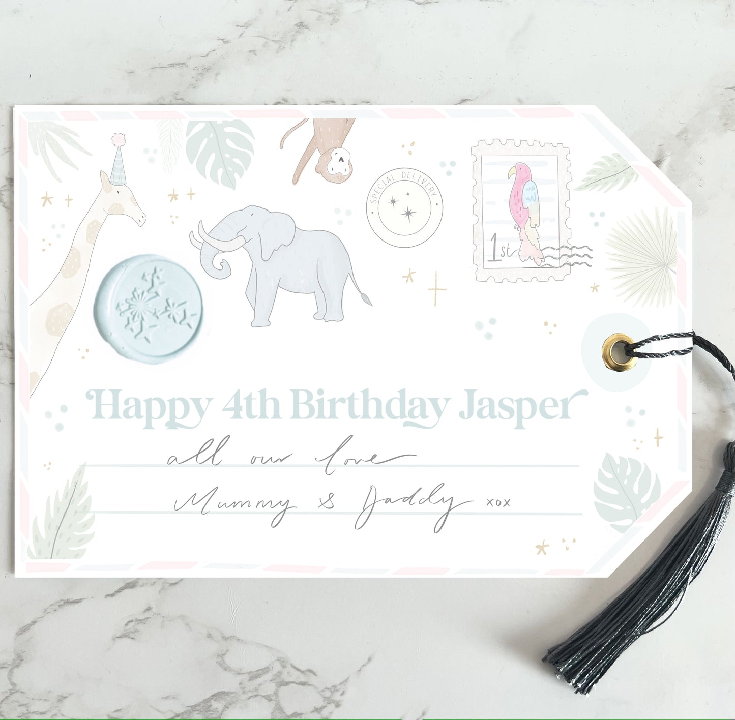 Giant safari jungle personalised birthday gift tag gold foil with silk navy tassel