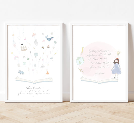 set of 2  Illustrated world book day Inspirational prints
