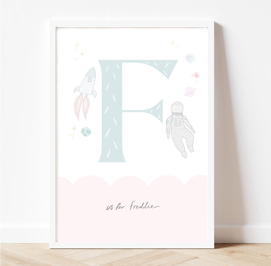 Dreamy Space celestial Initial pastel gold foil print personalised