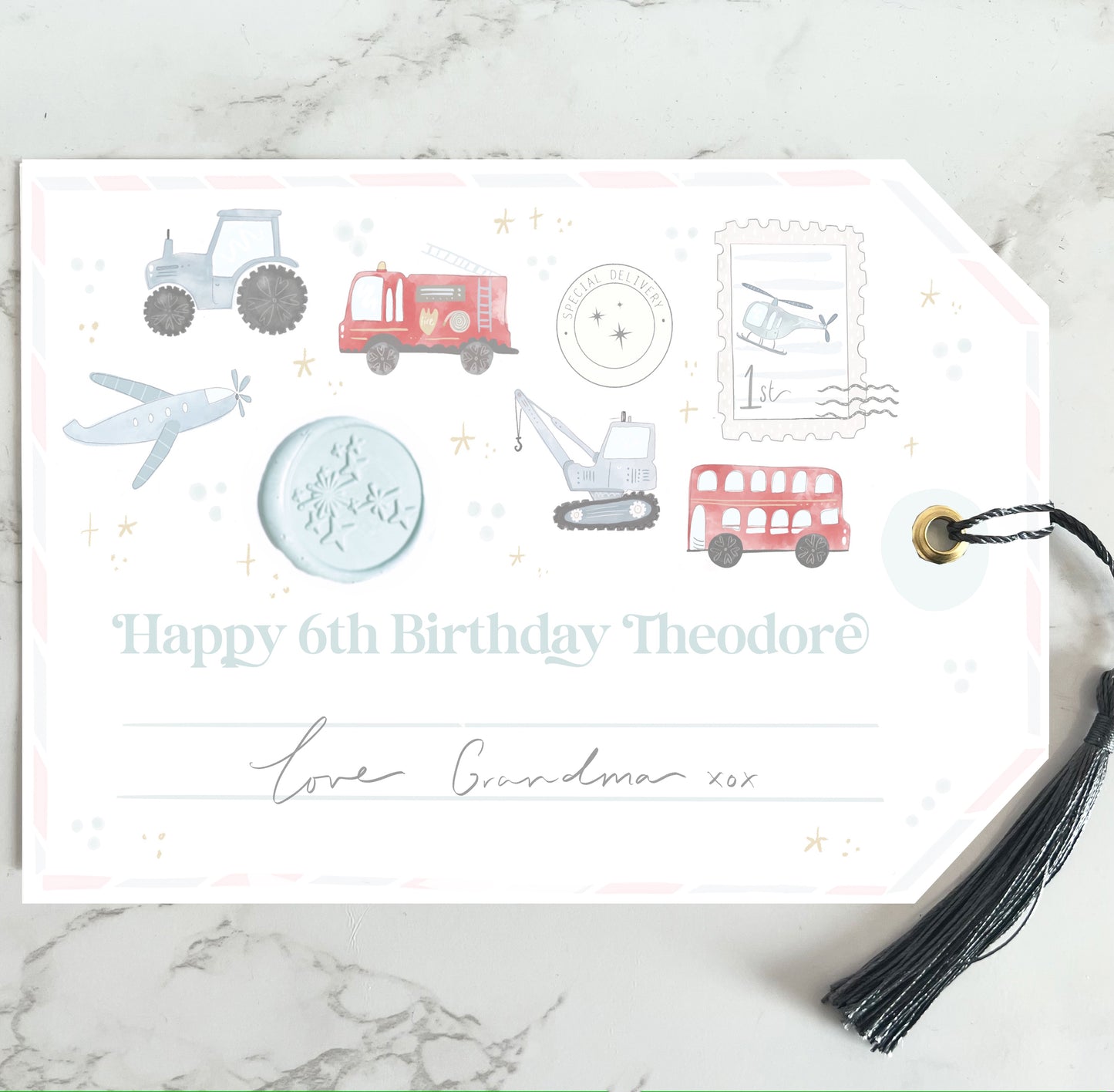 Giant special truck personalised birthday gift tag gold foil with silk navy tassel