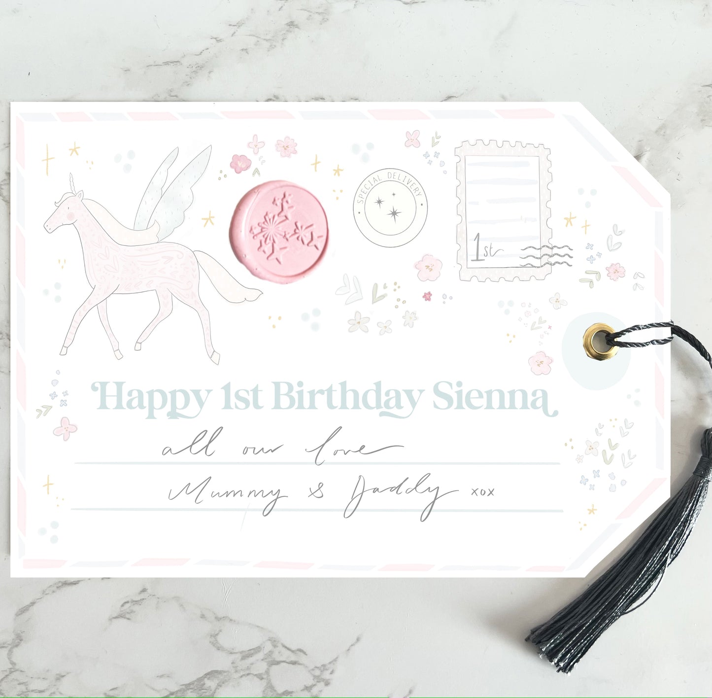 Giant special unicorn personalised birthday gift tag gold foil with silk navy tassel
