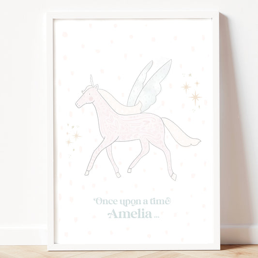 Enchanted personalised fairytale unicorn pastel gold foil print