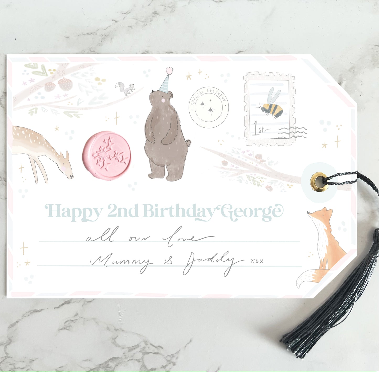 Giant woodland personalised birthday gift tag gold foil with silk navy tassel
