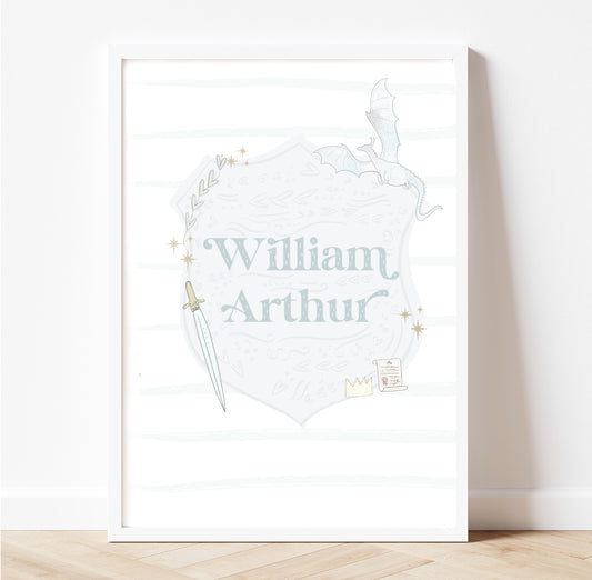 Dreamy pastel personalised Crest knight and Dragon Myth & legend print