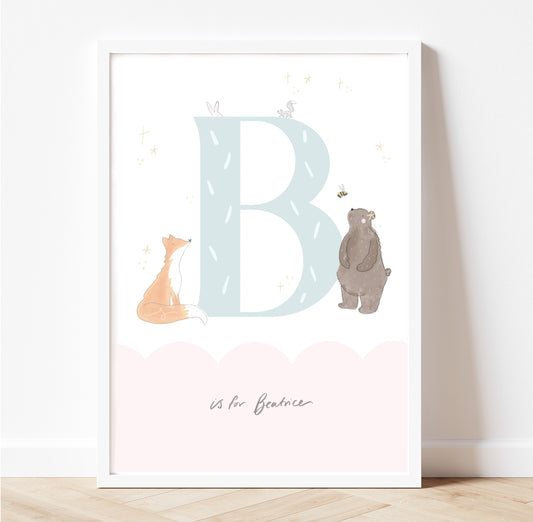 woodland dreamy Initial pastel gold foil print personalised