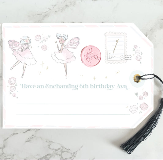 Giant special fairy birthday gift tag gold foil with silk navy tassel