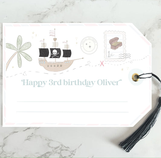 Giant special pirate birthday gift tag gold foil with silk navy tassel