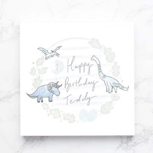 Gold foil personalised dinosaur special birthday card