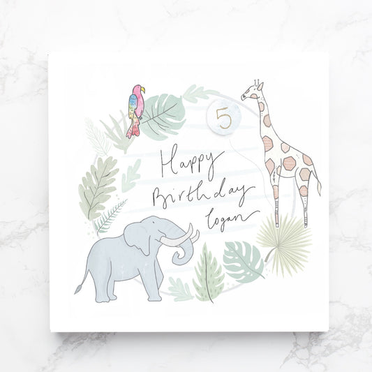 Gold foil personalised jungle safari special birthday card